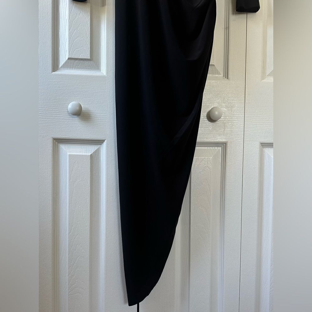 NEW Norma Kamali Tara Black Long Sleeve Dress Deep V Ruched Midi Dress - Picture 8 of 10